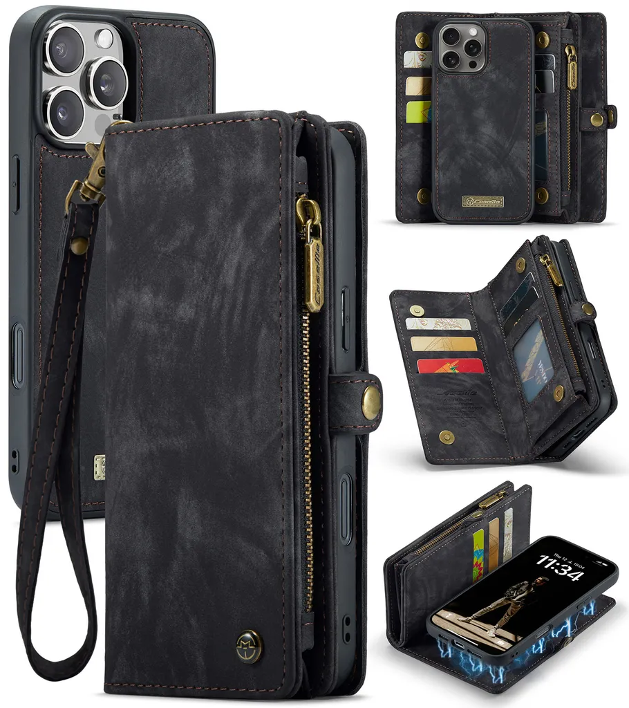 Custodia Viaggio iPhone 16 Pro: Pelle Vintage, Slot Carte e Tasca Zip