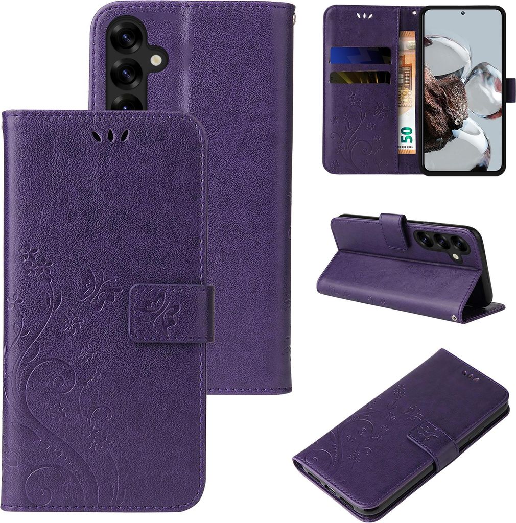 Handyhülle für Samsung Galaxy S25 FE Floral Blumen Schmetterling Flip Cover Hülle Case Klapphülle Handytasche Farbe: Violett