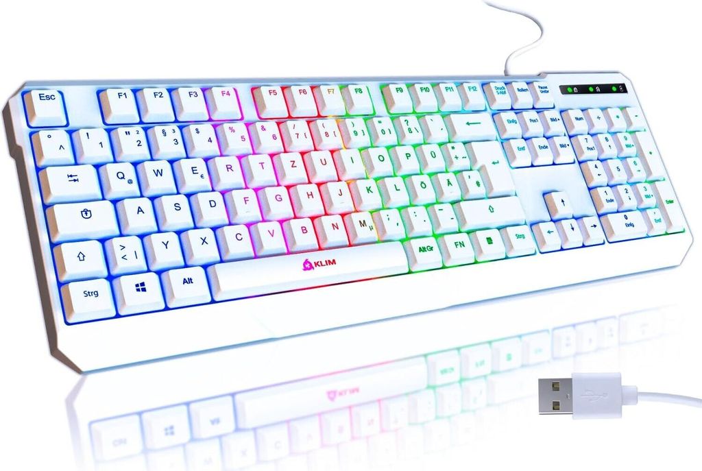 KLIM Chroma RGB Gaming Tastatur QWERTZ deutsch mit USB Kabel + Langlebig, Ergonomisch, Wasserdicht, Leise Tasten, weiß