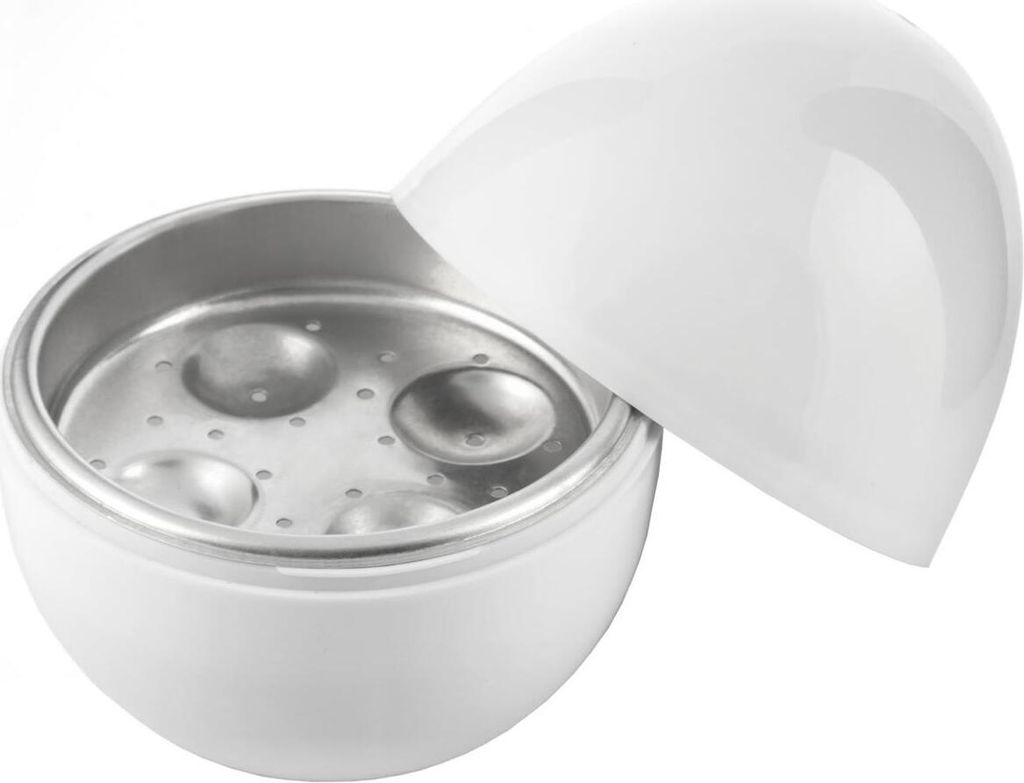 Close-up of a white egg cooker with a silver interior.