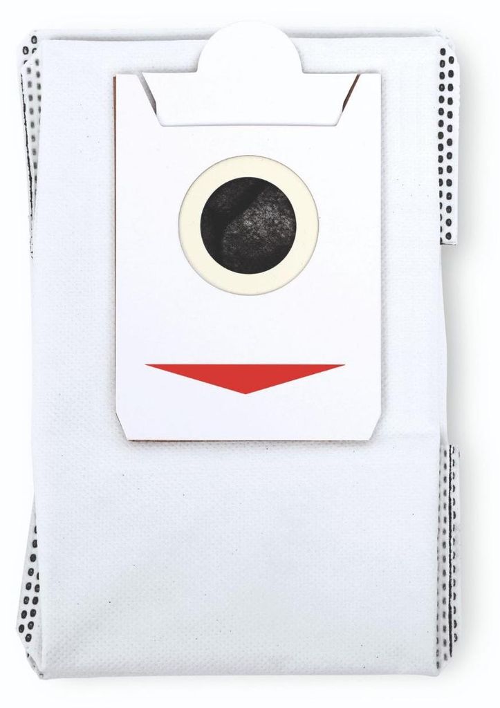 A white vacuum cleaner bag with a circular opening and a red triangle.
