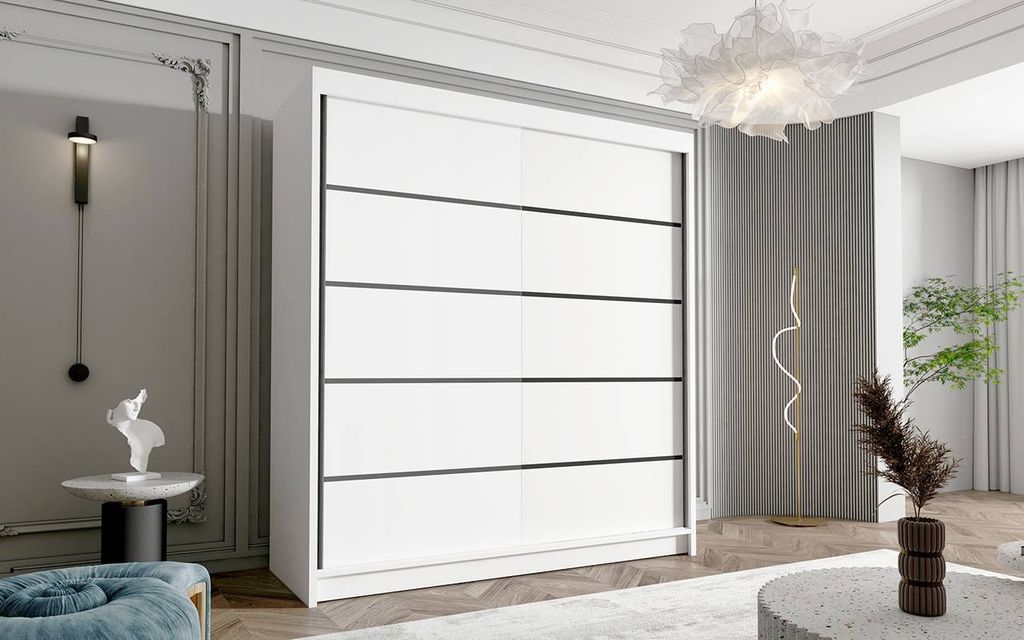 Schwebetürenschrank 2-türig Schrank 180 cm mit Regalen Moderne Kleiderschrank Garderobe für Kleidung Modell HEKTOR IV WEISS