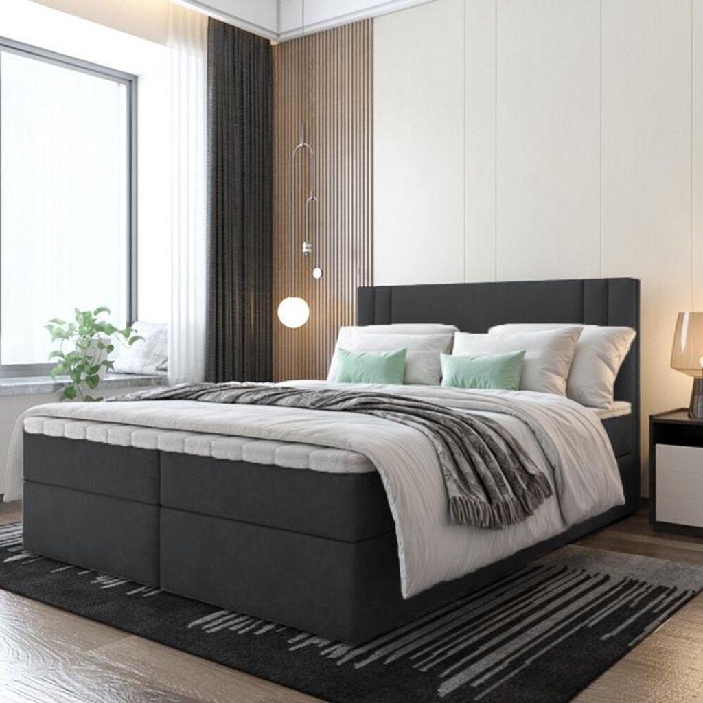 Bett, Boxspringbett RALI mit Bonell-Matratze und VISCO Topper, 2 Bettkästen, Doppelbett, Stauraum 160x200 cm (Czarny - Itaka 15)