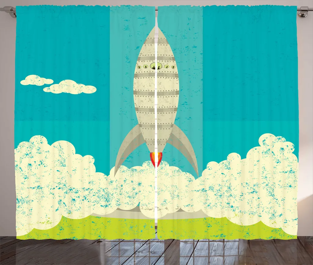 Rideau Grande Largeur Rocket Art avec Boucles et Crochets Marine et Crème