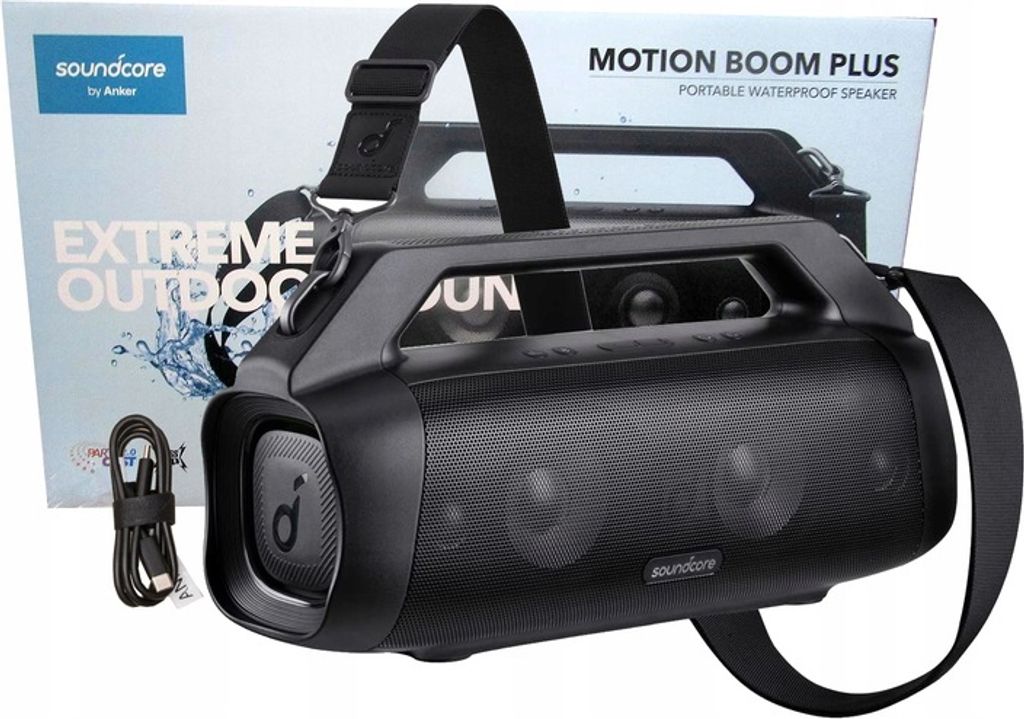 A black Anker Motion Boom Plus portable waterproof speaker is shown in front of its packaging.
