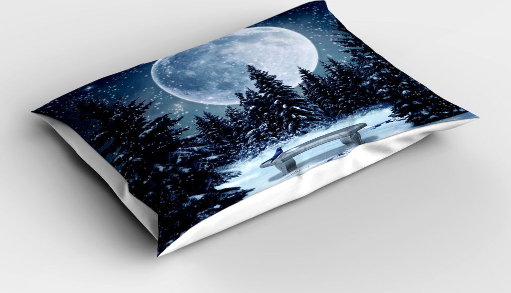 ABAKUHAUS Winter Kopfkissenbezug, Verträumte Winternacht mit einem großen Vollmond und einer Bank im Park Stars in the Darkness, 40x80 cm, Blau W...