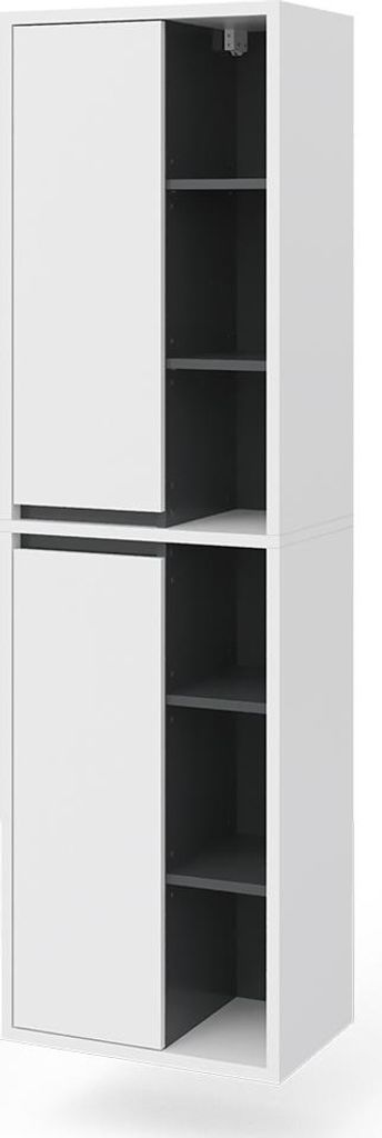 A tall, narrow cabinet with two sections, each with a sliding door on the left and open shelves on the right.