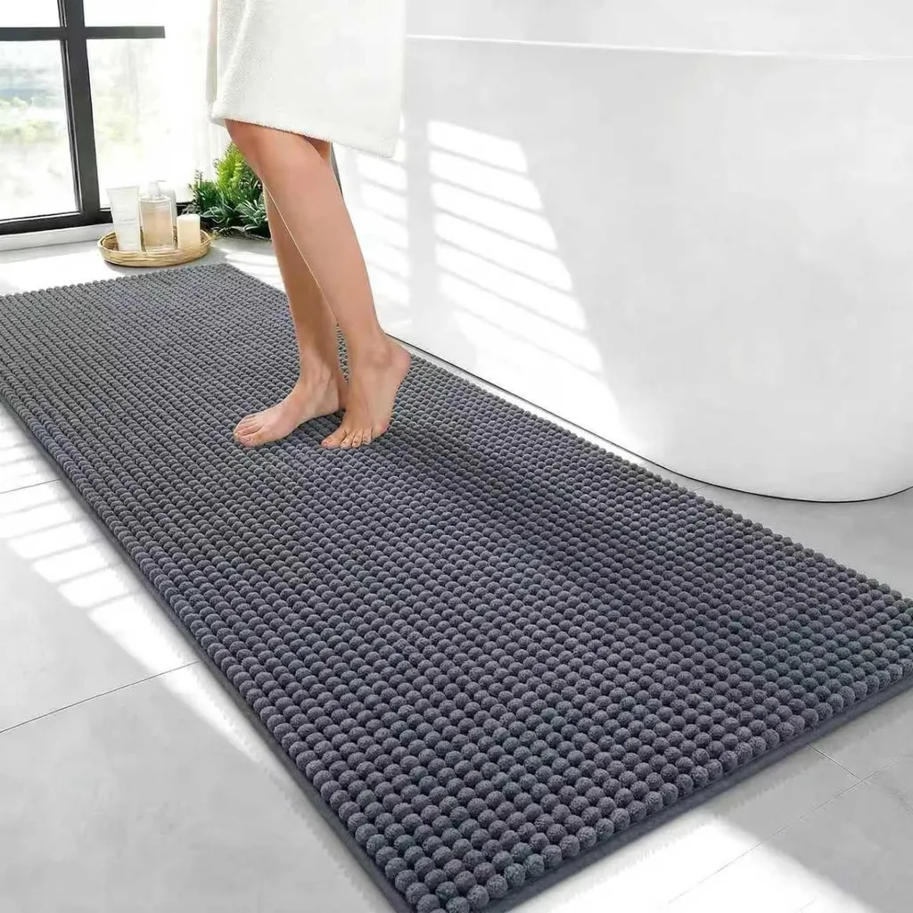 Tapis de bain gris 50x120 cm en chenille 1400g/m² absorbant et doux