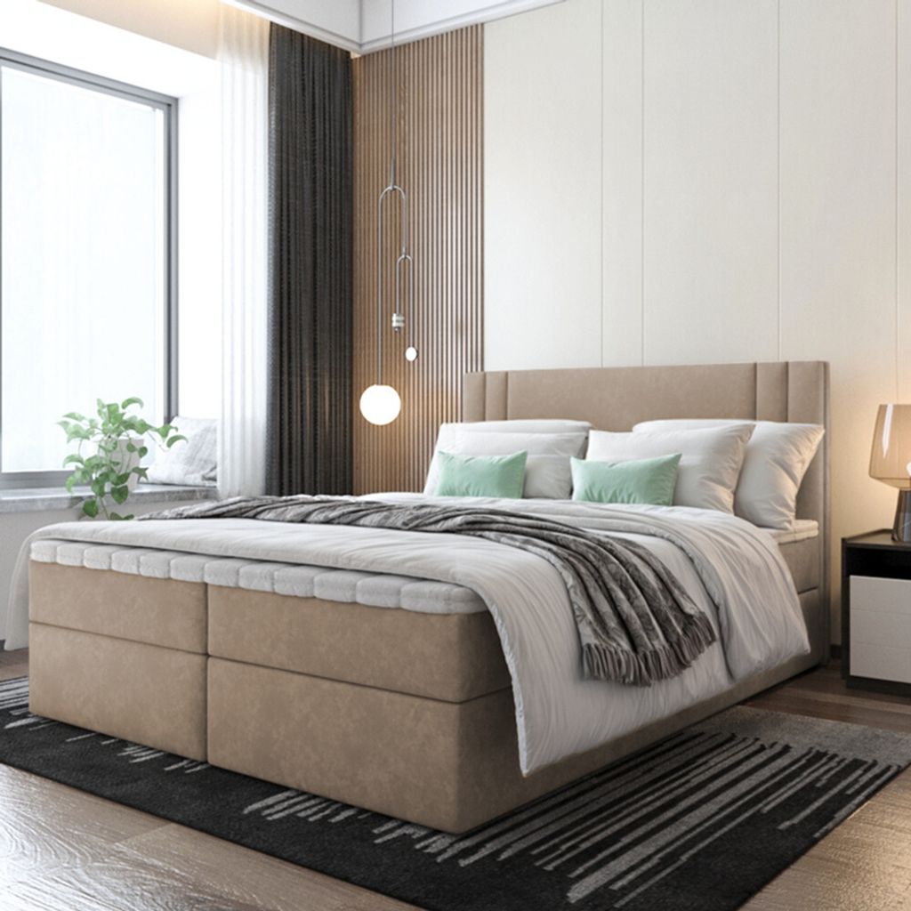 Bett Boxspringbett BEST, Mit Topper T25 und Bettkästen - Doppelbett, Stauraum, Schlafzimmer, Polsterbett, Bettgestell (140x200,Cappuccino-ITAKA 48)