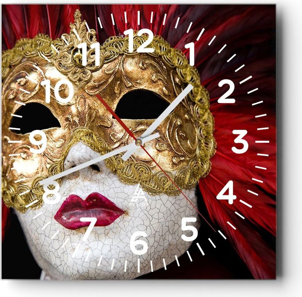 Wanduhr - Quadrat - Glasuhr - Venezianische Maske Kostüm Spaß Feder - 30x30cm - Schleichendes Uhrwerk - Lautlos - zum Aufhängen bereit - Dekorat...