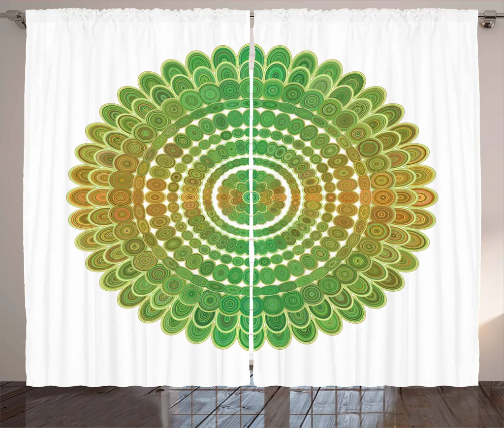 ABAKUHAUS Tenda rustica verde Mandala, motivo a cerchi concentrici, tenda con passanti e ganci per camera da letto, 280 x 245 cm, arancione verde