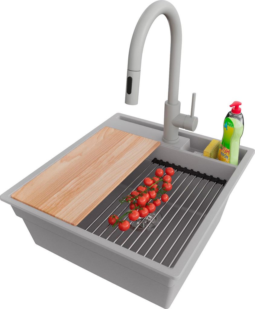 PRIMAGRAN Granitspüle Grau 48x53cm, Spülbecken 1 Becken + Küchenarmatur 40x20cm + Ablauf-Set + Küchenzubehörset, Küchenspüle ab 50er Untersc...