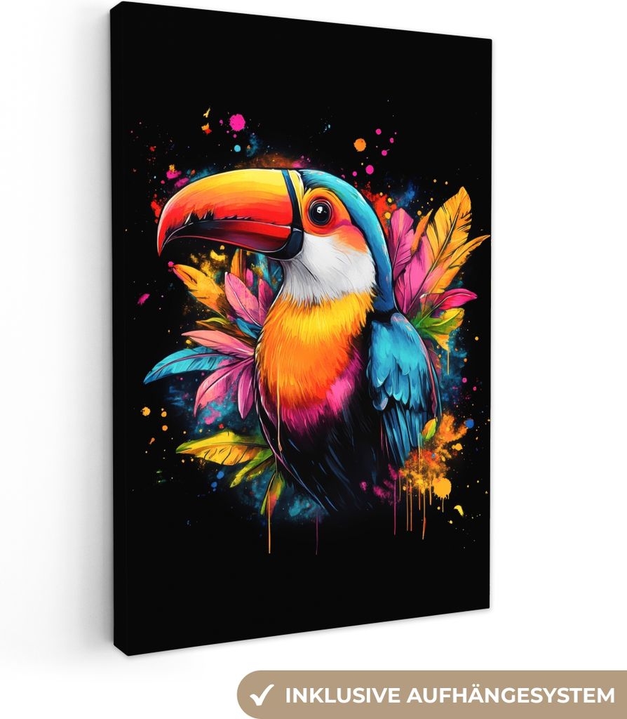 MuchoWow - Leinwandbilder - Graffiti - Vogel - Tukan - Blätter, Wandbild, Wanddeko Bilder Wohnzimmer, 40x60 cm