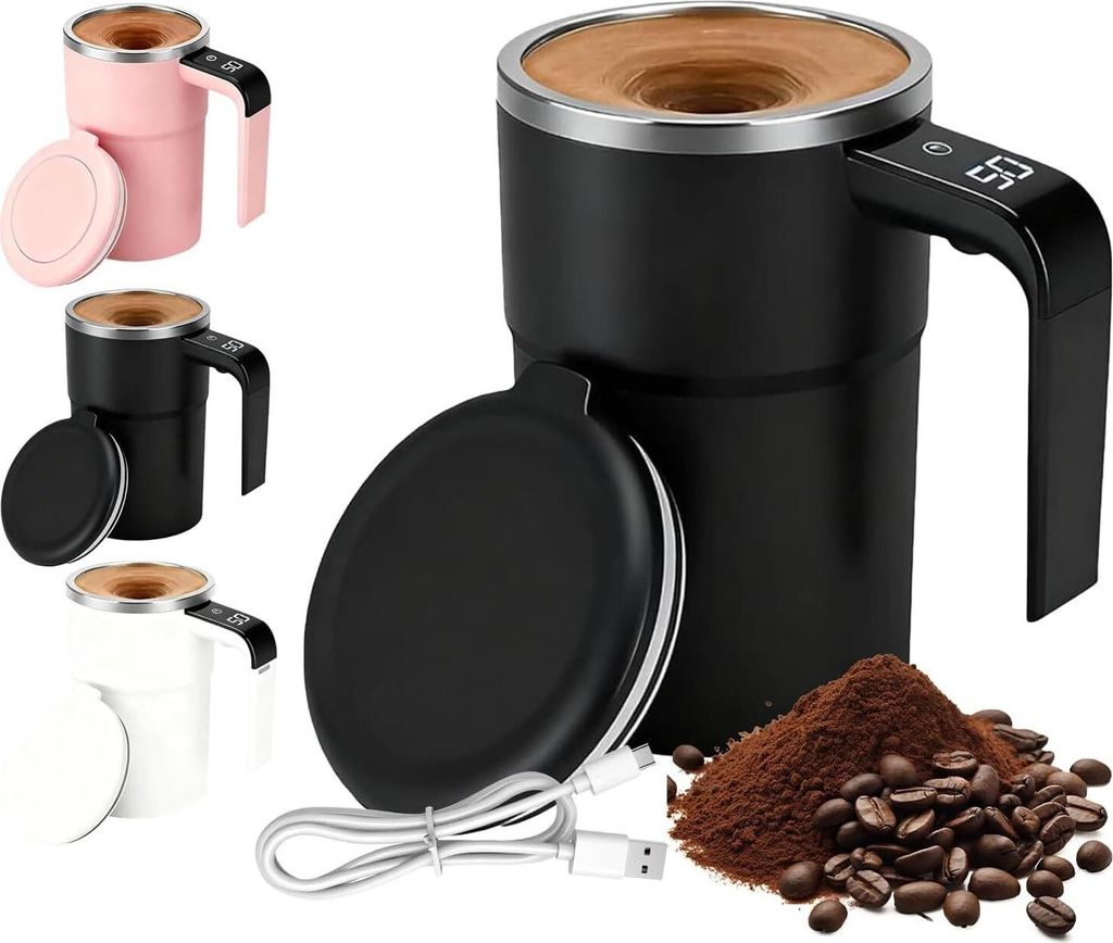 380ml Selbstrührender Kaffeebecher, Magnetische Selbstrührende Tasse mit Temperaturanzeige, Wiederaufladbarer intelligente kaffeetasse mit Deckel