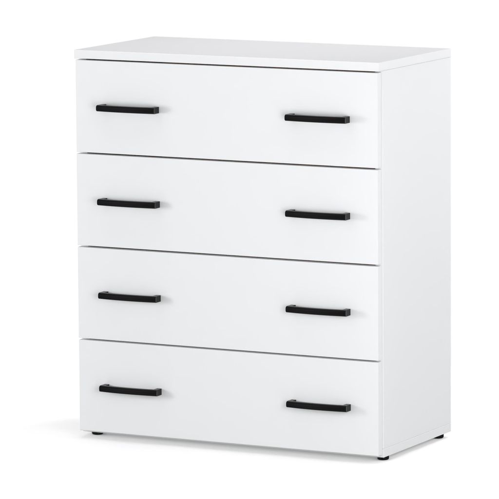 A white chest of drawers with black handles against a white background.