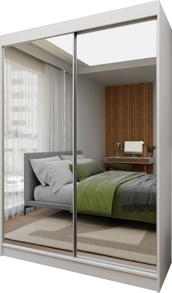 Masseno Schiebetürenschrank BELLINA 150 cm Kleiderschrank Schlafzimmer Schrank 2-türig mit Spiegel Weiß