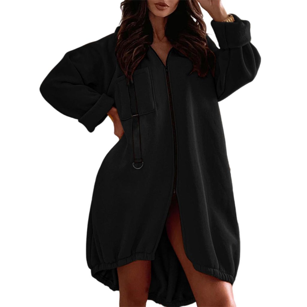 Damen Fleece-Jacke Mit Kapuze - Leichte Strickjacke Mit Reißverschluss