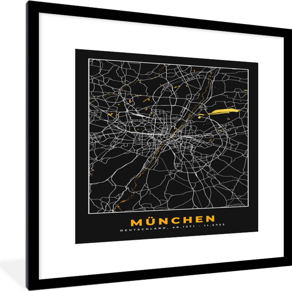 MuchoWow Gerahmtes Poster München - Karte - Stadtplan - Gold - Deutschland 40x40 cm - Poster mit Schwarzem Bilderrahmen Wandposter Rahmen Foto B...