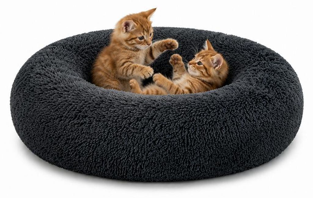 lionto Donut Katzenkissen, rundes Bett mit Plüschbezug & Anti-Rutsch-Boden, erhöhter Rand für Geborgenheit, 70 cm Durchmesser, dunkelgrau