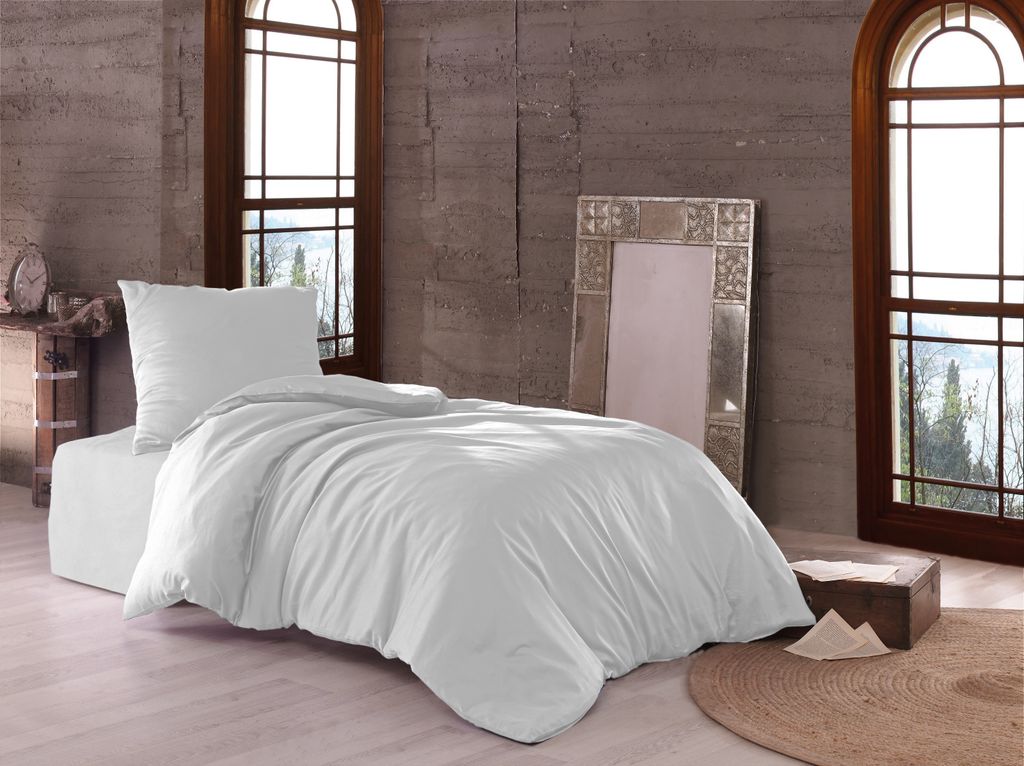 Bettwäsche 135x200 + 80x80 Mako Satin Uni Premium Baumwolle 2 teilig Weiss mit YKK Reißverschluss