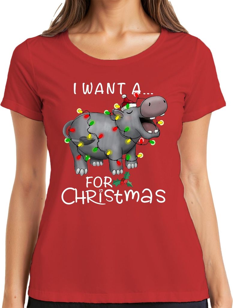 I Want A Hippo For Christmas Nilpferd Weihnachten Geschenk Lustig Damen T-Shirt, Rot, XXL