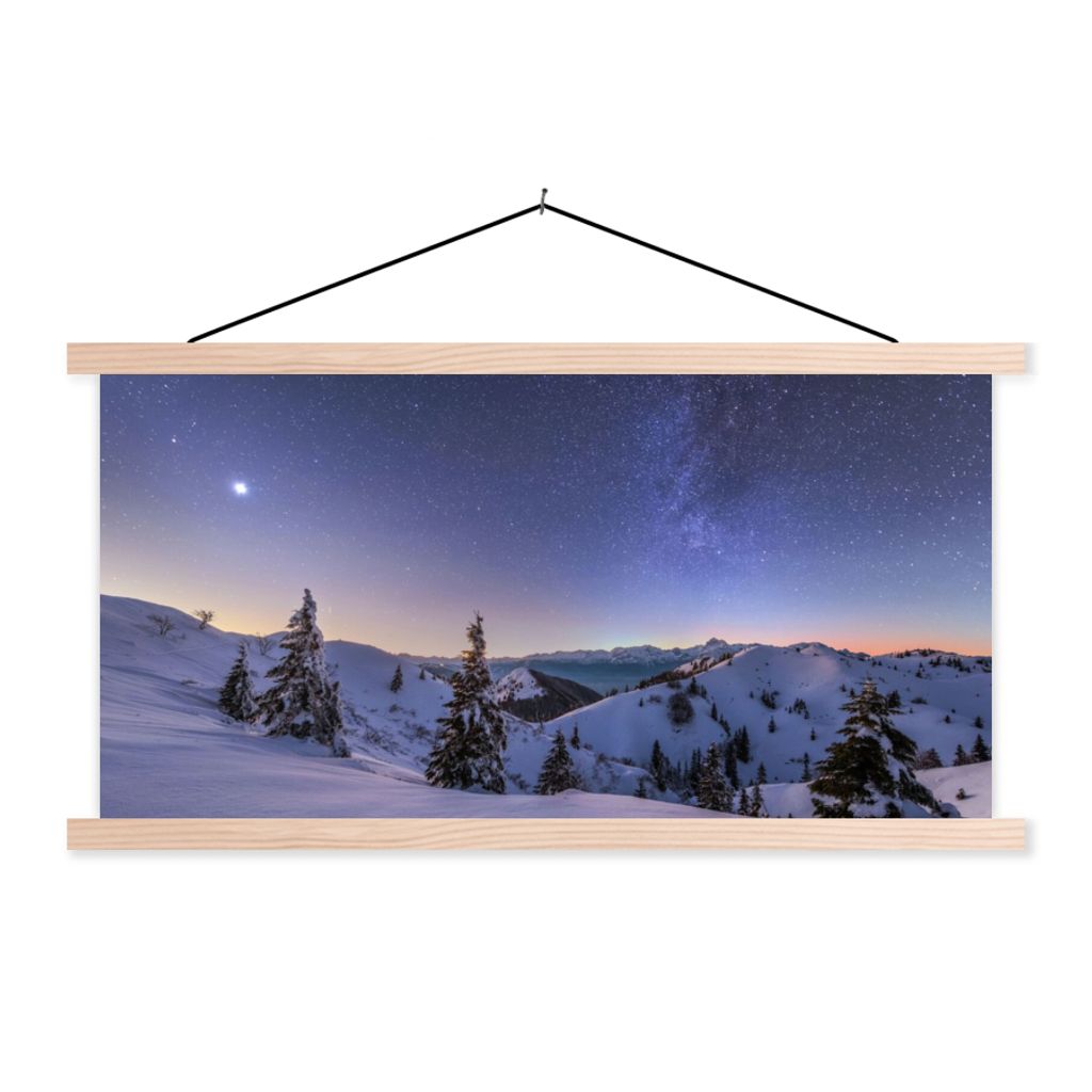 MuchoWow Textilposter Winter - Schnee - Nacht - Bäume 150x75 cm mit holzfarbenen Rahmen - Plakate