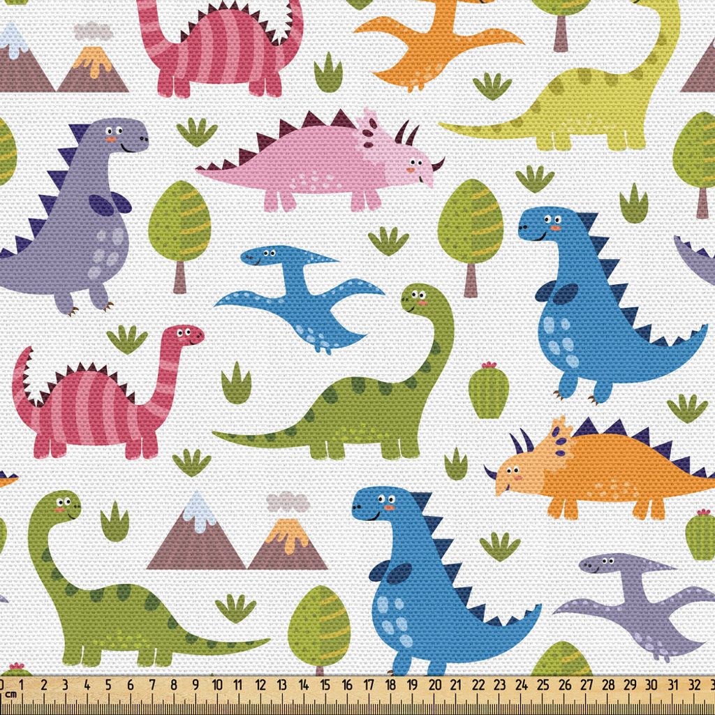 ABAKUHAUS Dino Gewebe als Meterware, Karikatur-Art-bunte reizende Dinosaurier T-Rex Triceratops prähistorische Reptil-wild lebende Tiere, 2 M (148...