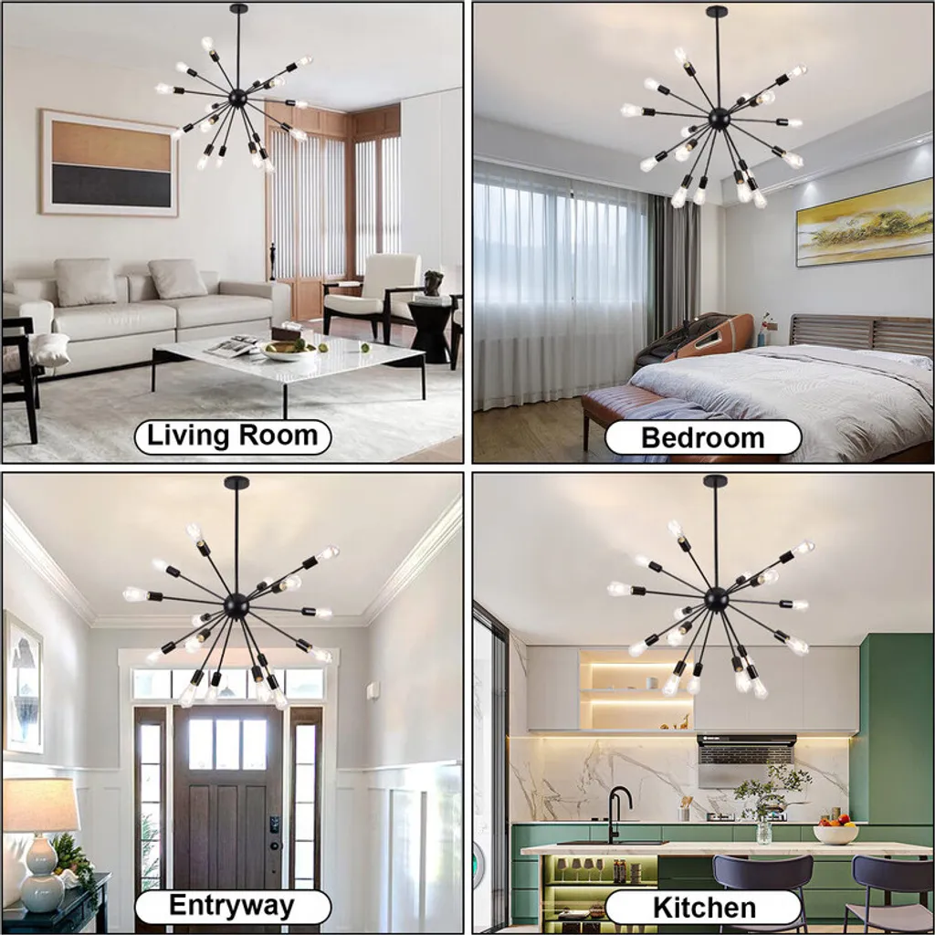 Lustre Noir 16 Branches Style Moderne pour Hall d'Entrée et Couloir Haut