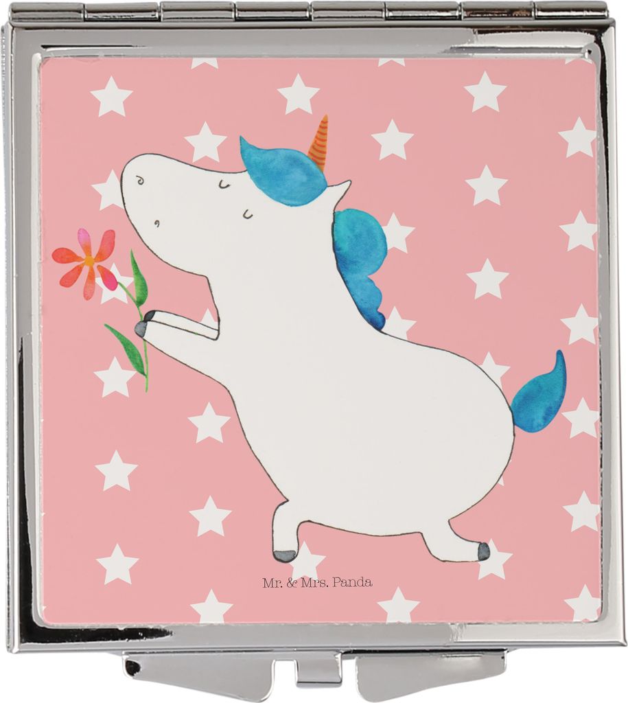 Mr. & Mrs. Panda Kleiner Spiegel Einhorn Blume - Rot Pastell - Geschenk, Unicorn, Liebe, Taschenspiegel, Schminkspiegel, Kosmetikspiegel, Heiratsan...