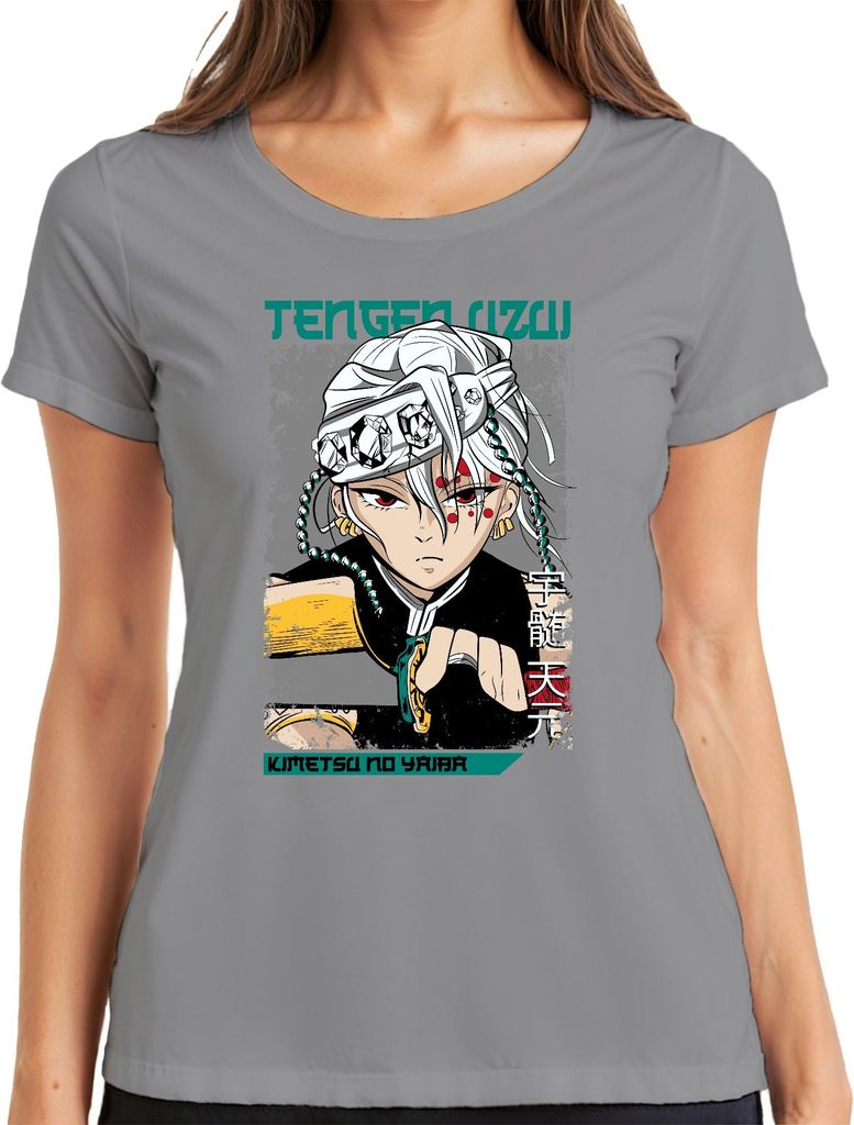 Tengen Uzui Kimetsu no Yaiba Sound Hashira Anime Geschenk Japan Y2K Streetwear Damen T-Shirt, Grau, XL