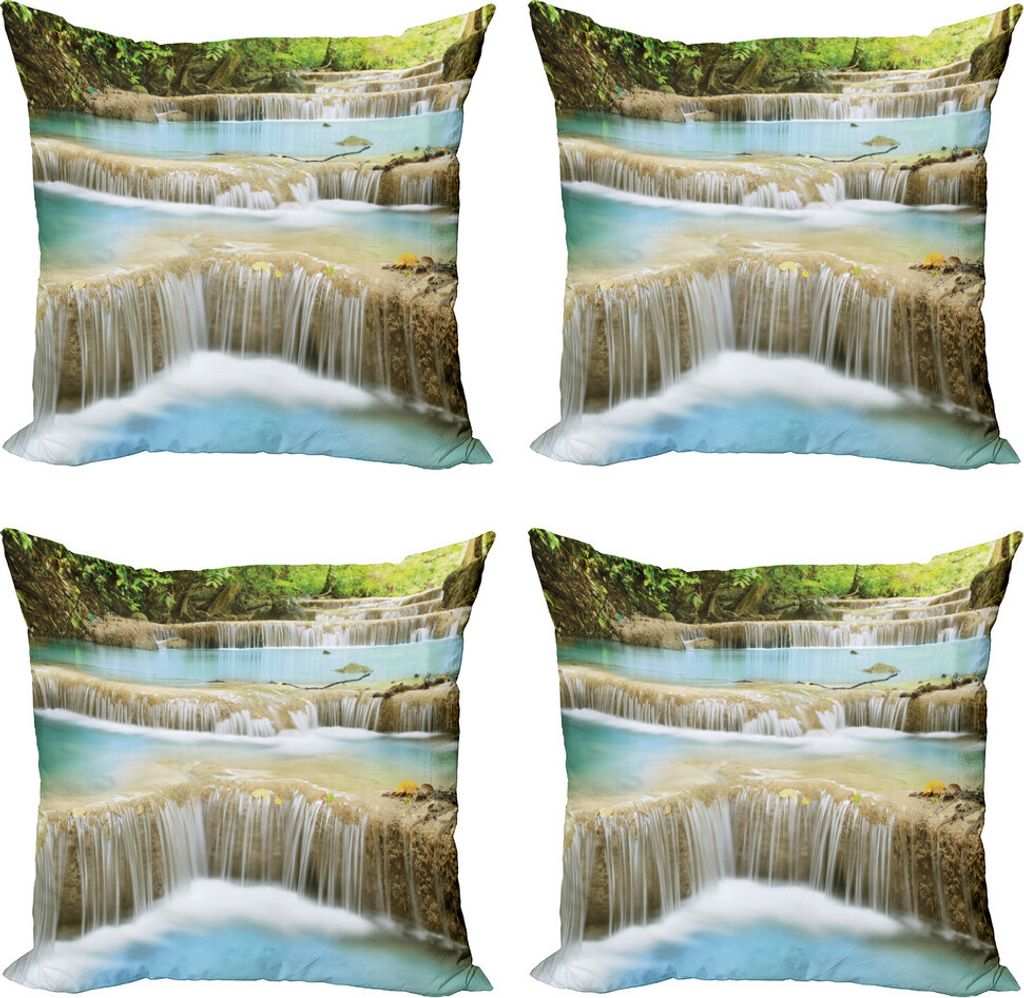 ABAKUHAUS Wasserfall Kissenbezug Set (4 Stück), Rock Treppen im Wald, Moderner Doppelseitiger Digitaldruck, 60 cm x 60 cm, Blau und Grün