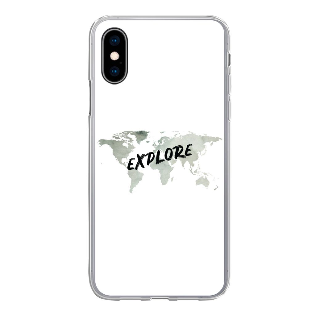 MuchoWow Handyhülle Schutzhülle Hülle für iPhone X Weltkarte - Grau - Zitat Silikon Softcase Handy Hülle - Handyhülle