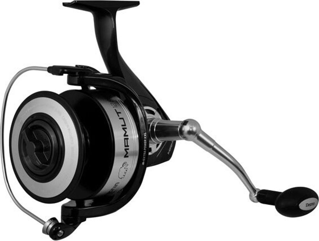 A black and silver fishing reel is shown against a white background.