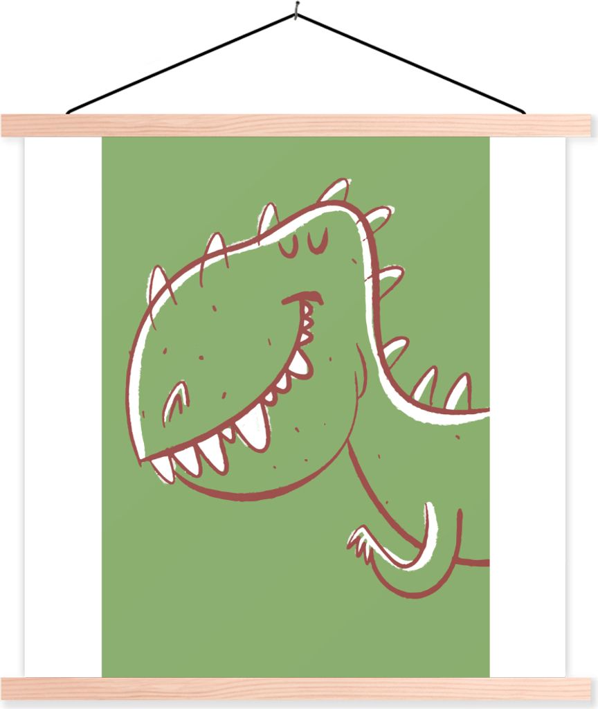 MuchoWow Textilposter Dinosaurier - Tiere - Grün - Zeichnung - Kinder - Kinder 120x120 cm mit holzfarbenen Rahmen - Textil-Poster