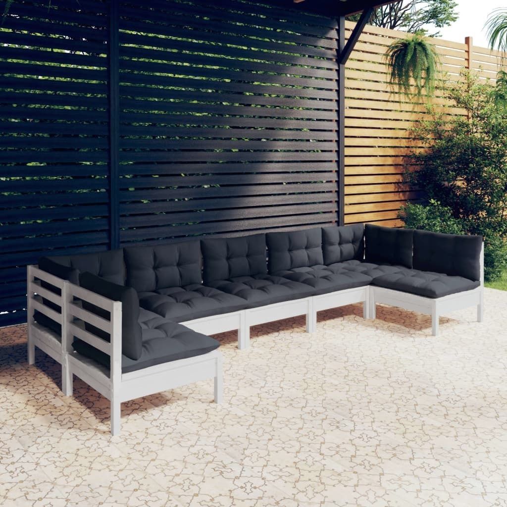 The Living Store 7-tlg. Garten-Lounge-Set mit Kissen Weiß Kiefer Massivholz