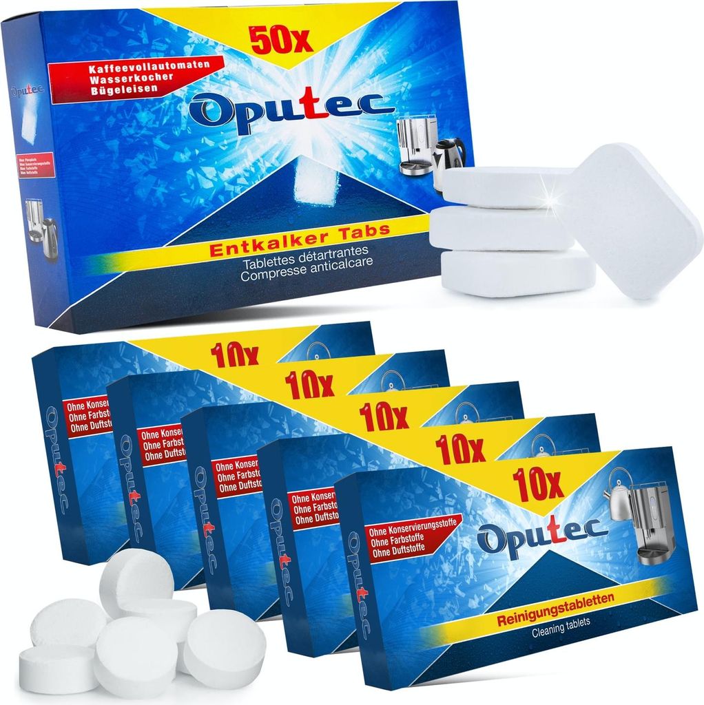 Oputec Reinigungsset für Kaffeevollautomaten | 50 Entkalker Tabs + 50 Reinigungstabs | Kompatibel zu allen Kaffeemaschinen