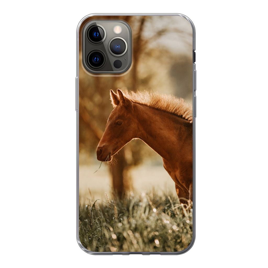 MuchoWow Handyhülle Schutzhülle Hülle für iPhone 13 Pro Pferd - Licht - Wiese Silikon Softcase Handy Hülle - Handy-Tasche