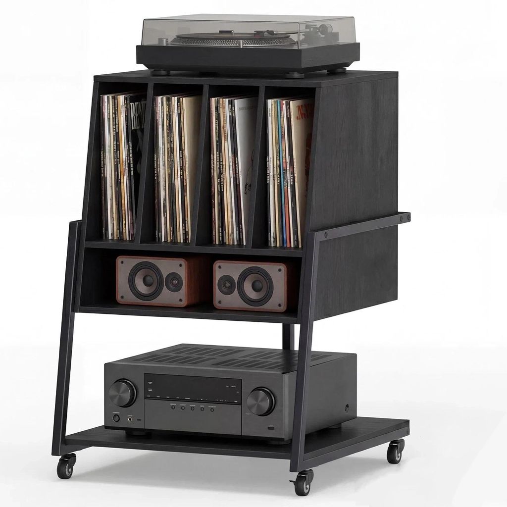 KOMFOTTEU Plattenspielerständer, Vinyl Schallplattentisch mit integrierter Ladestation, breite Tischplatte, 4 Trennwänden & unteres Regal, Schall...