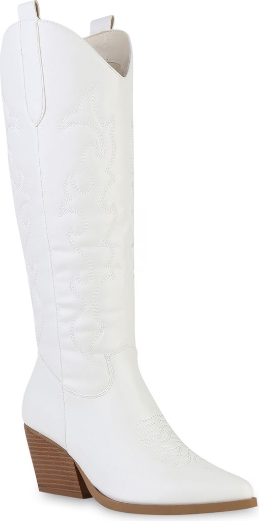 VAN HILL Damen Stiefel Cowboystiefel Stickereien Schuhe 838830, Farbe: Weiß, Größe: 37