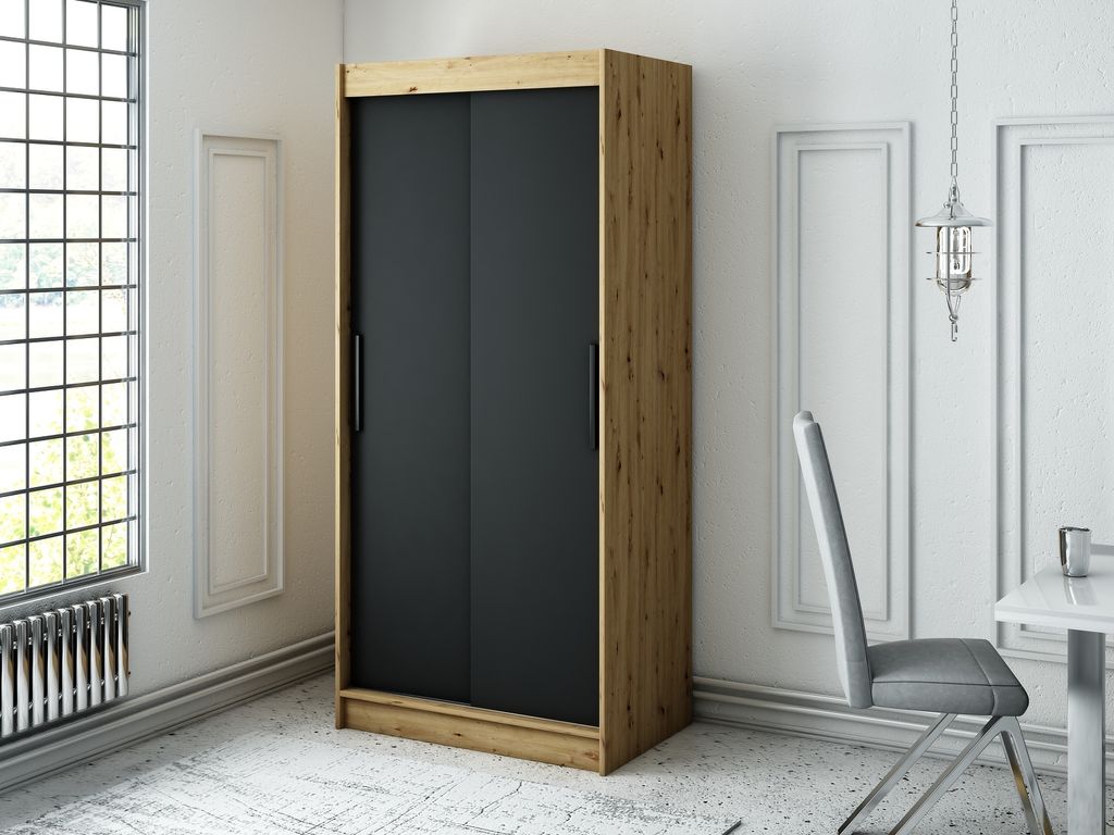MINIO Kleiderschränk 100 cm LETO T Schwarz matt / Artisan-Eiche
