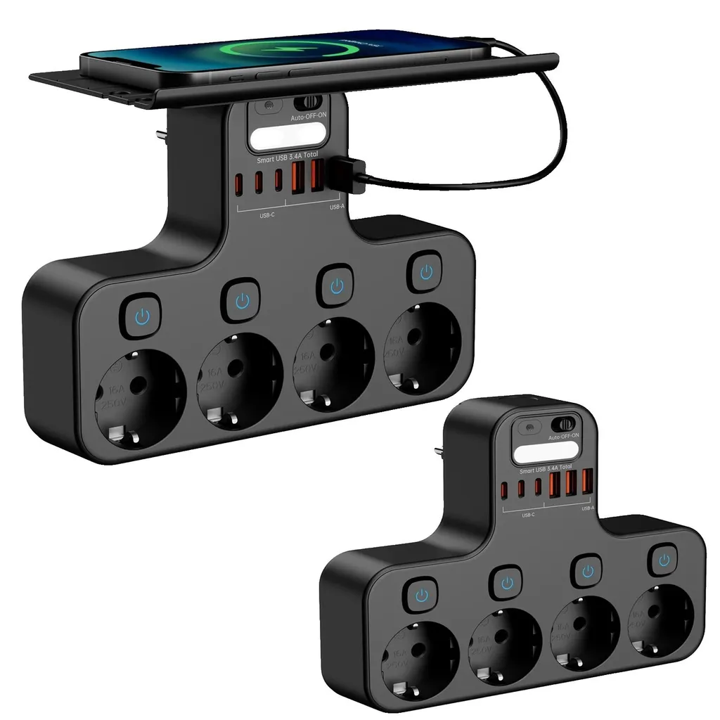 Multiprise 4000W avec 2 ports USB-C et veilleuse LED intelligente - Noir
