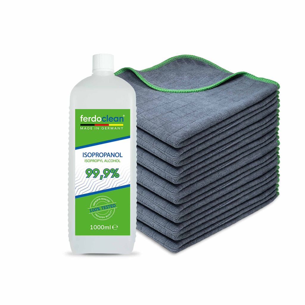 ferdoclean Isopropanol 99,9% 1L Isopropylalkohol (IPA) 2-Propanol + 12 x Microfasertücher 380GSM 40 x 40 cm grüner Rand