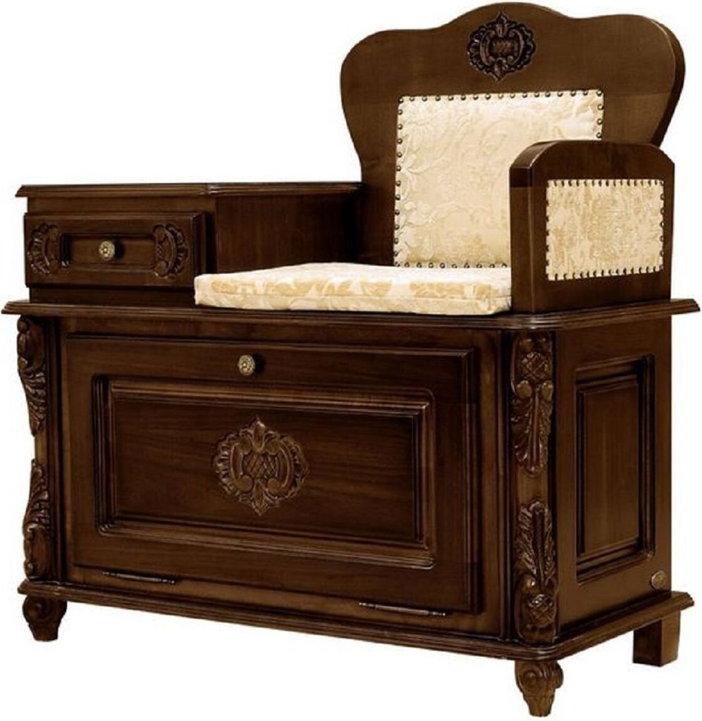 Casa Padrino Luxus Barock Telefonbank Dunkelbraun / Creme - Handgefertigter Barockstil Massivholz Flurschrank mit Sitzbank - Barock Möbel