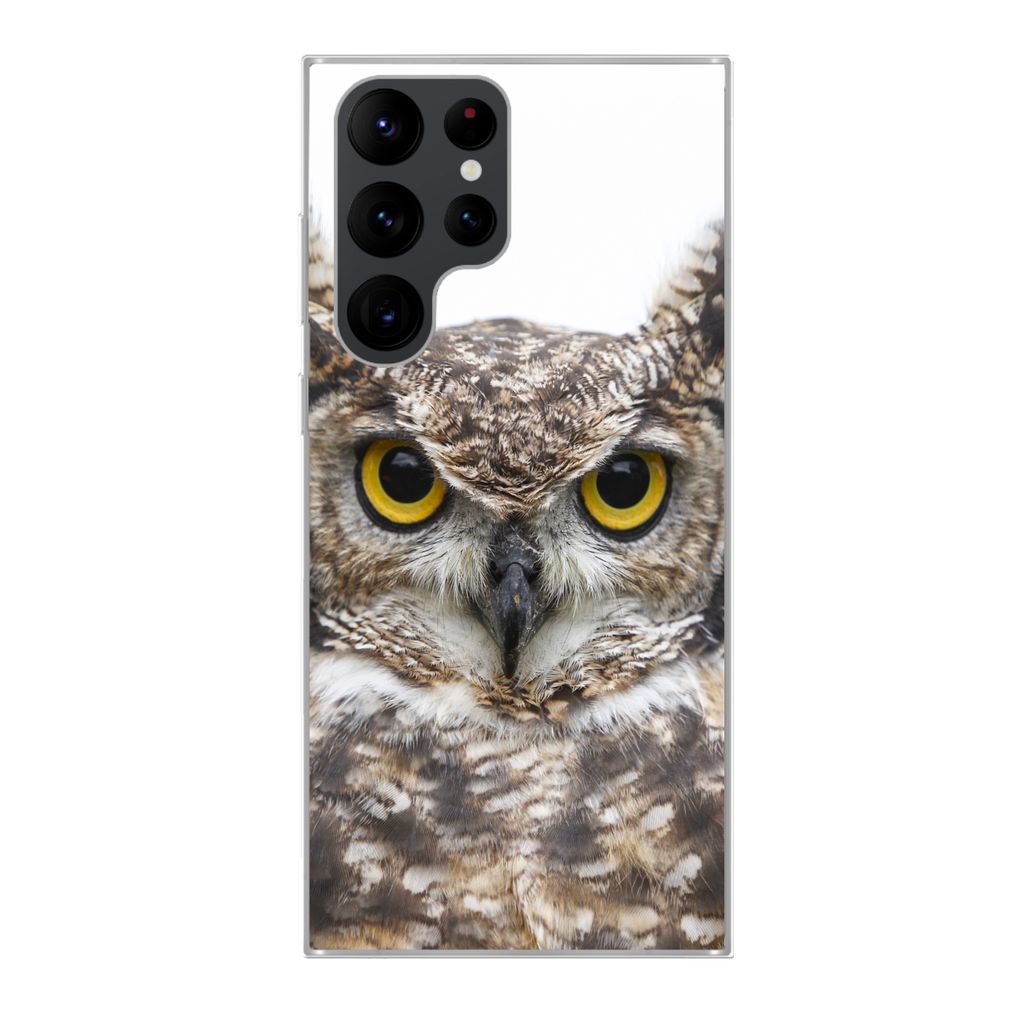 MuchoWow Handyhülle Schutzhülle Hülle für Samsung Galaxy S22 Ultra Porträt einer braunen Eule auf weißem Hintergrund Silikon Softcase Handy...