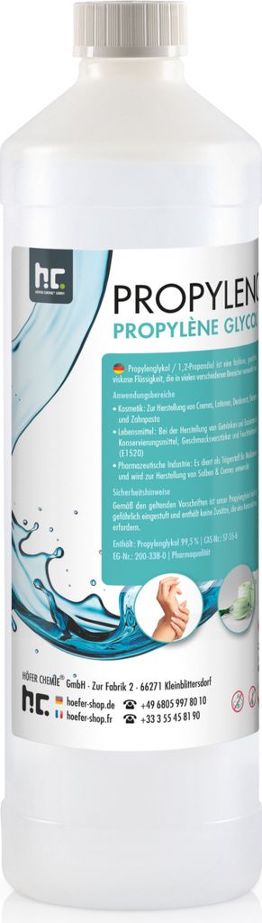 A bottle of Propylene Glycol with product information and graphics.