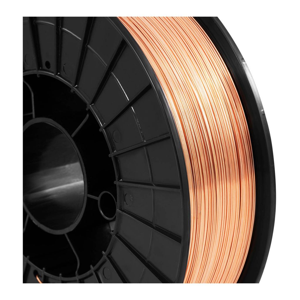 A close-up, studio shot of a spool of copper welding wire.
