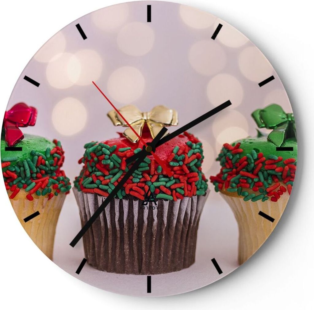 Wanduhr - Rund - Glasuhr - Cupcakes Dessert Kuchen gebacken - 40x40cm - Schleichendes Uhrwerk - Lautlos - zum Aufhängen bereit - Dekoration Modern...