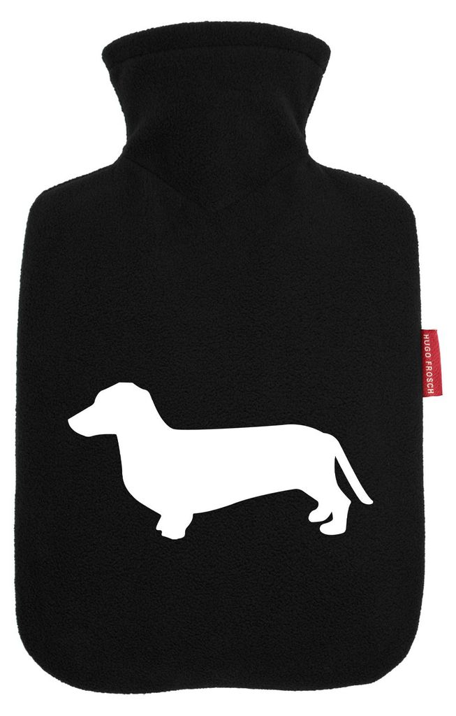 Huuraa Wärmflasche Dackel Silhouette 1,8 Liter Black Classic Veloursbezug Bettflasche Geschenkidee