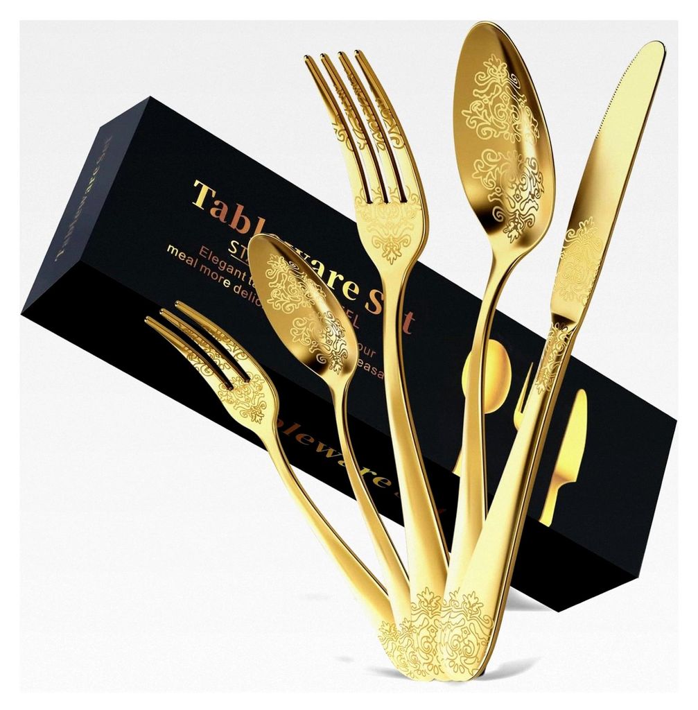 20-teiliges Gold Besteckset aus Edelstahl für 4 Personen, Essbesteck Set mit Messer, Gabel, Löffel, Cutlery Set für Haushalt, Restaurant, Feierl...