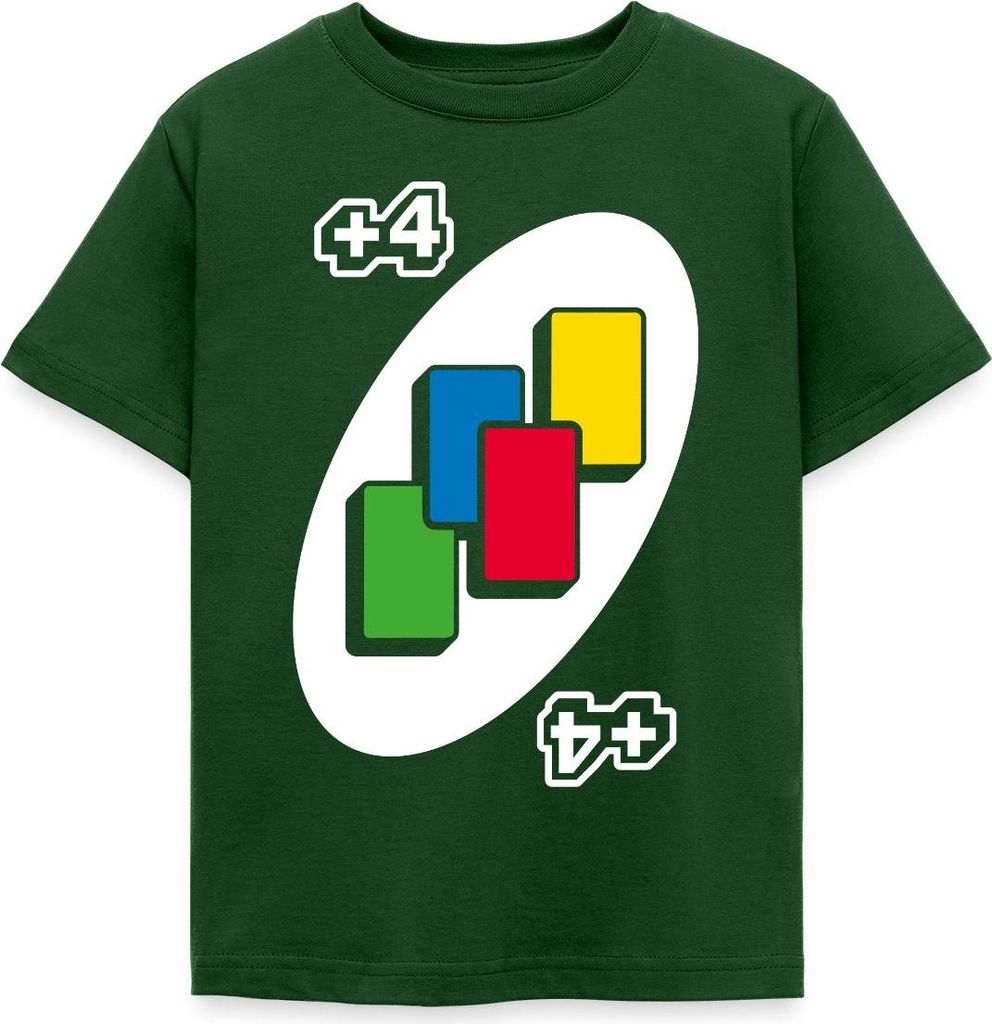 Spreadshirt UNO +4 Design Vier-Ziehen-Karte Kinder T-Shirt, 122/128 (7-8 Jahre), Forstgrün